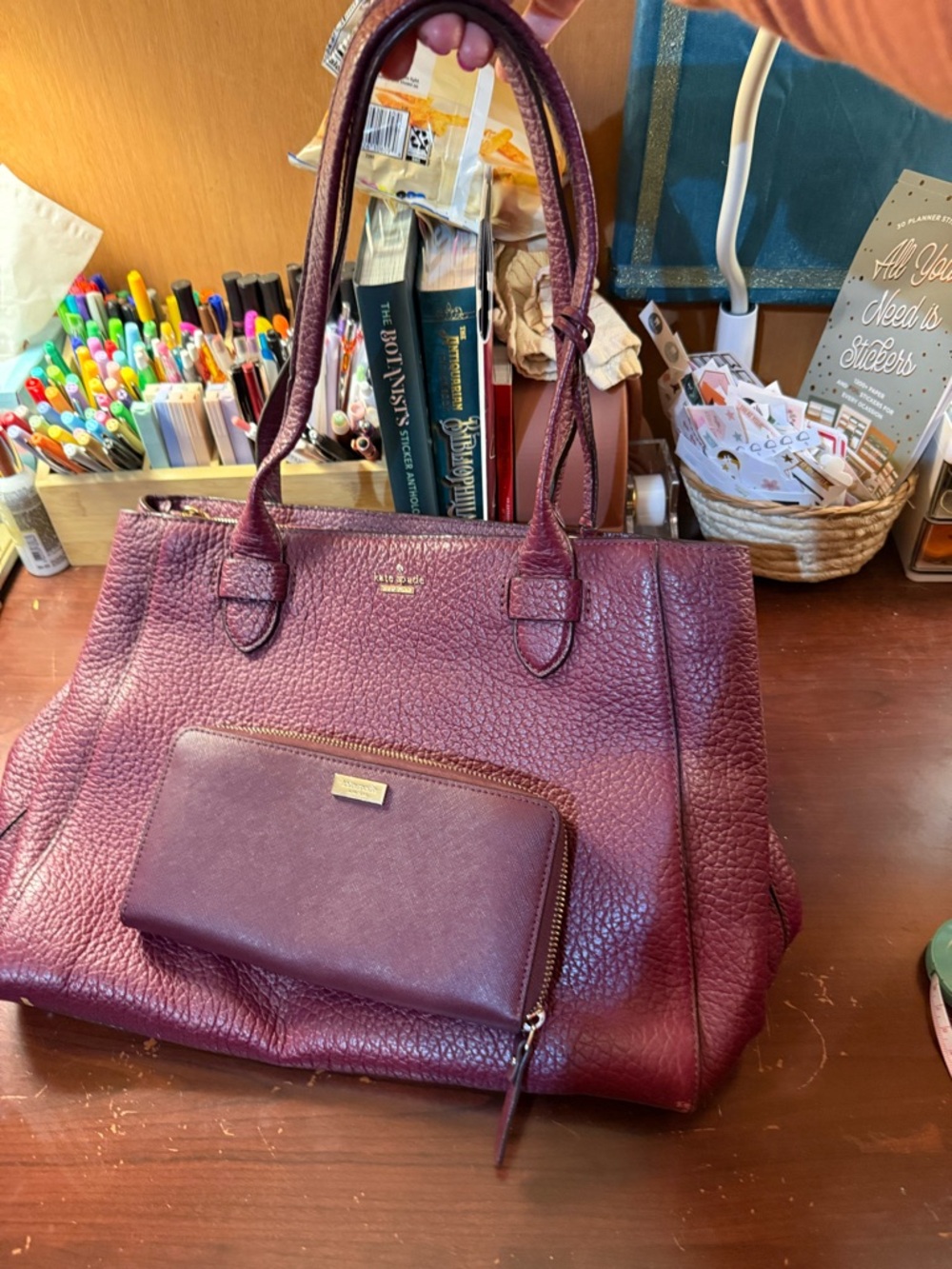 kate spade Pebbled Leather Tote in Deep Wine & wallet